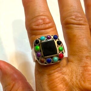 Vintage Artist Stamped SB 925 Sterling Silver Real Onyx Multi-Colored gems Artsy